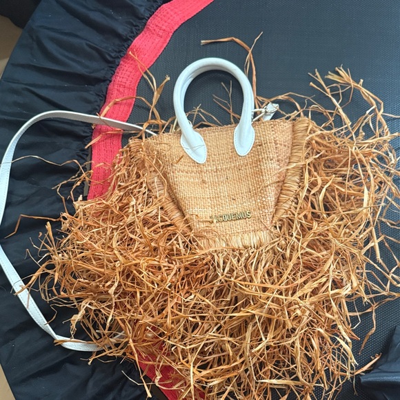 Jacquemus Handbags - Jacquemus Natural Straw Tote with White Handles and Fringe